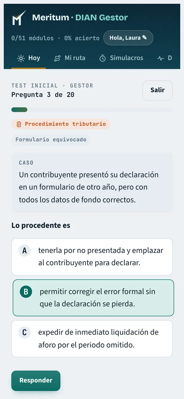 Haces el test inicial: 20 preguntas funcionales, comportamentales y de integridad.
